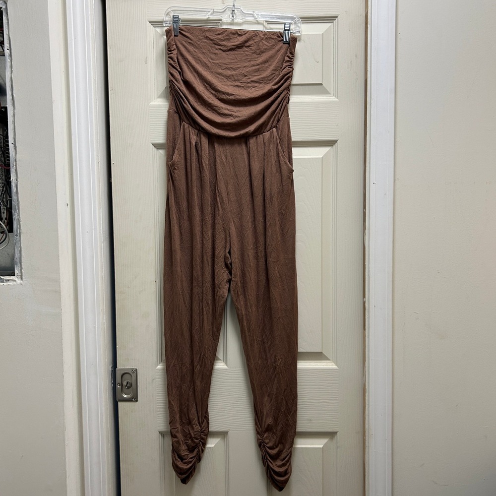 Altard State Womens Strapless Ruched Jumpsuit Brown Pockets Size M Made in USA